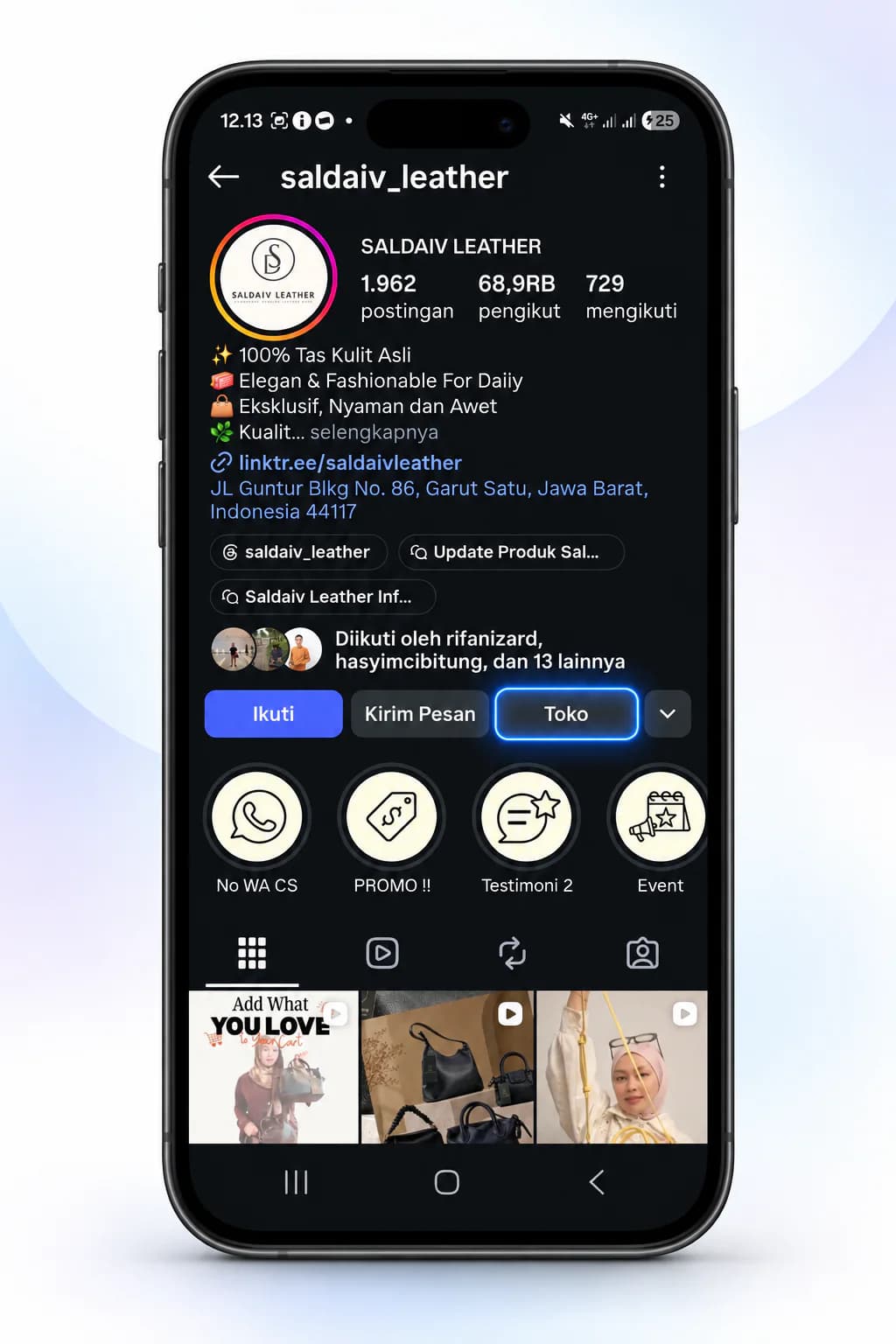 Profil Instagram Saldaiv Leather dengan katalog aktif