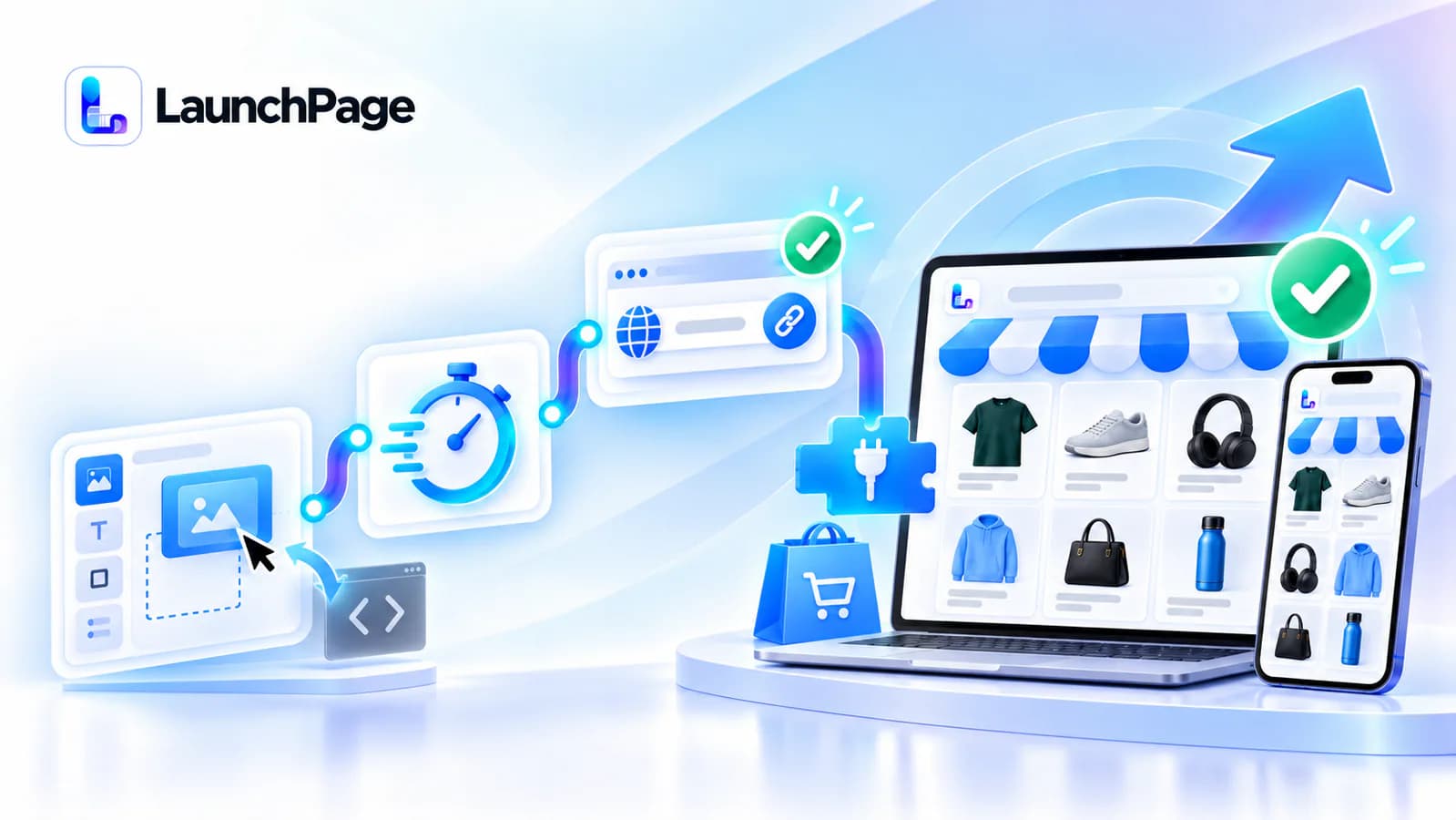 Sistem modular LaunchPage yang menyiapkan domain, katalog, dan tampilan laptop serta smartphone